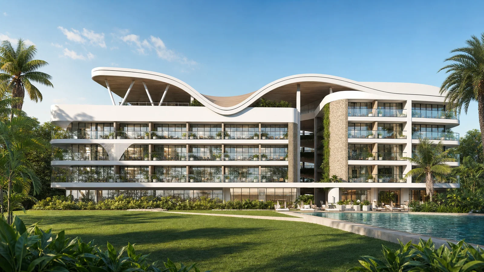 Архитектурный рендер ANTA Hotel Bali Canggu с волнообразной крышей и тропическим ландшафтом