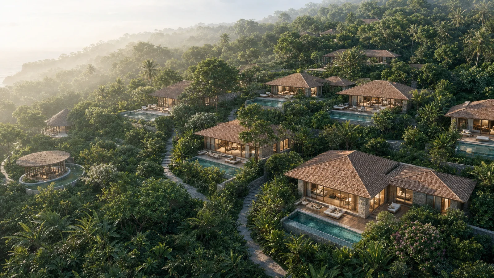 Аэро-рендер вилл MediSPA Resort Uluwatu среди тропической зелени