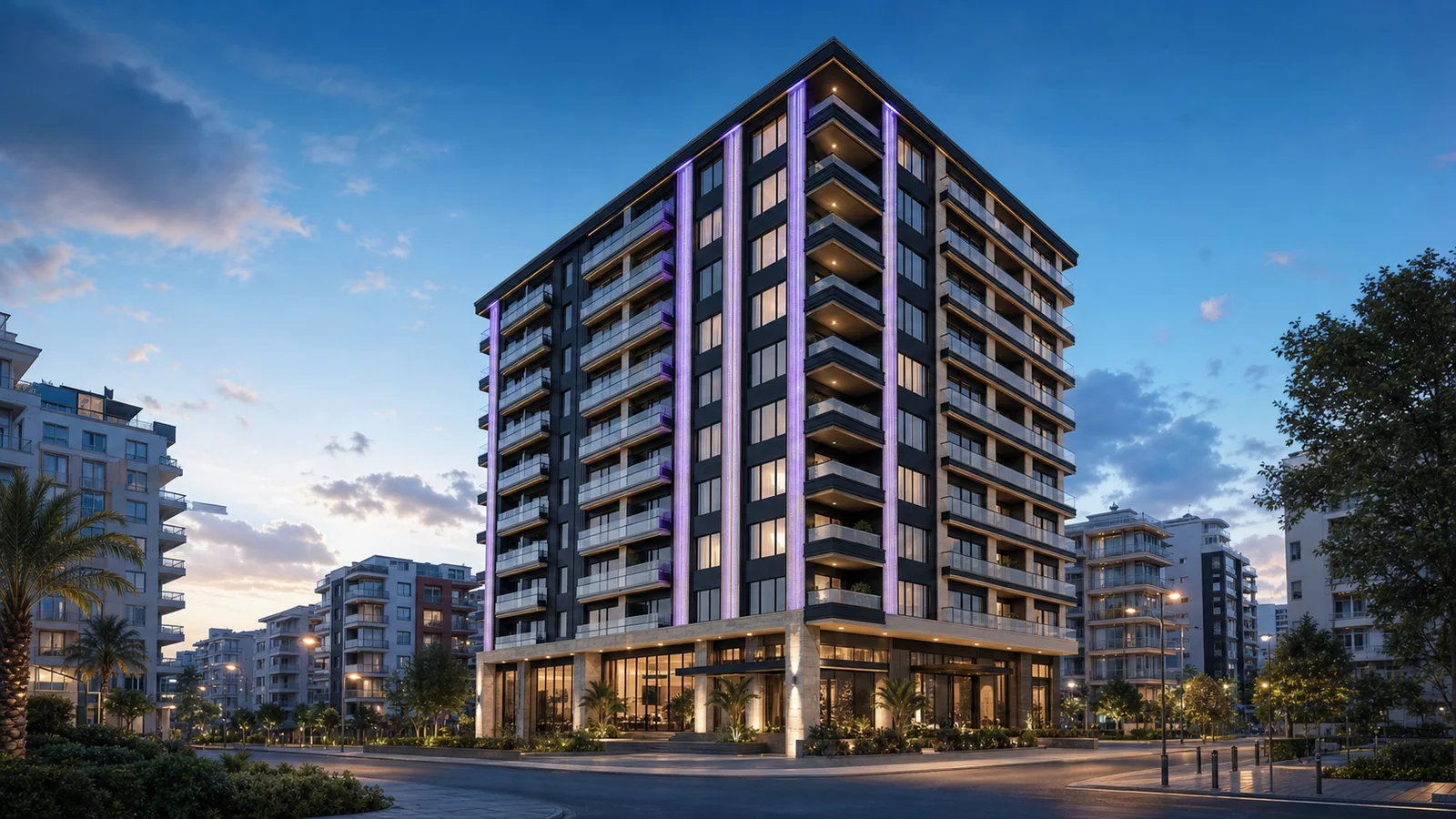 Архитектурный рендер городского жилого комплекса NEON Residence Antalya в вечернем свете