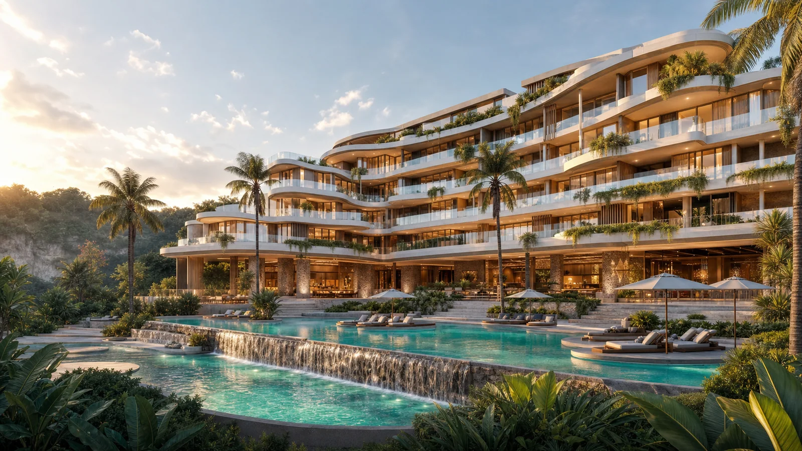 Архитектурный рендер курортного отеля Ramada Encore by Wyndham Bali Anta с лагунным бассейном